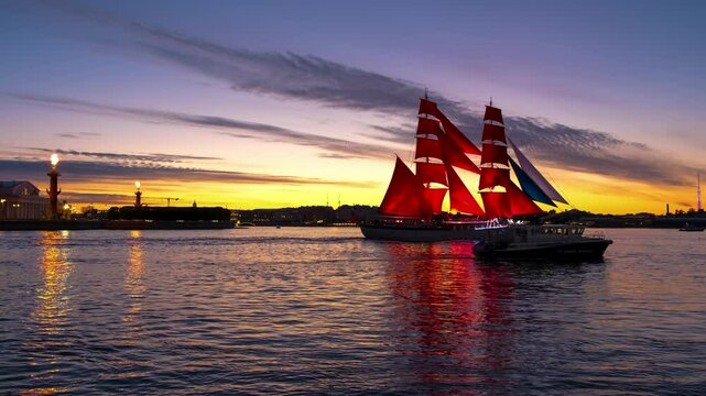 A ship with scarlet sails on the Neva River in St. Petersburg