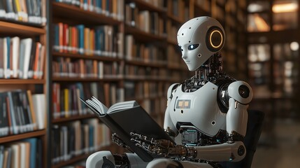 Fototapeta premium Robot with AI reading a book in a library filled with shelves of various colored books during daytime