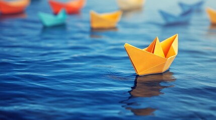 Fleet of colorful paper boats sailing together with a bright yellow leader on calm water under clear skies