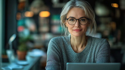Confident middle-aged businesswoman with glasses working on a laptop in a modern office, representing leadership, expertise, and productivity in business.