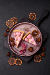 Sweet cheesecake with berry flavor, decorated with pink hearts