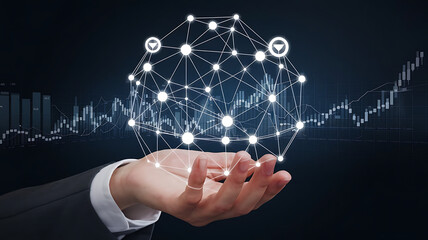 Networking the Future: A hand holding a digital network, symbolizing interconnectedness and data flow against a backdrop of financial charts, embodying innovation and technological advancement.