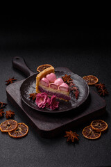 Sweet cheesecake with berry flavor, decorated with pink hearts