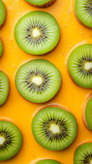 Fototapeta premium Kiwi smoothie created with fresh green kiwis on vibrant yellow background, perfect for refreshing summer drink experience. Slices of fresh green kiwi are arranged neatly on a bright yellow background