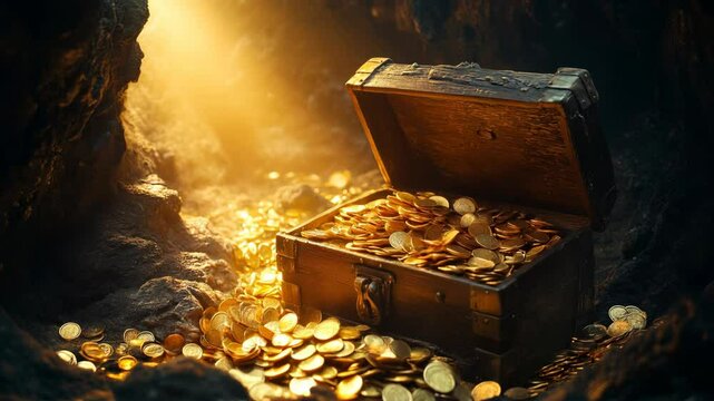 Treasure chest overflowing with gold coins in a cave symbolizing stpatrick s day celebration

