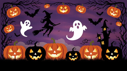 Spooky Halloween Elements: A festive Halloween scene, showcasing an array of iconic elements: grinning jack-o'-lanterns, playful ghosts, silhouettes of bats, a witch on a broom, and a haunted house.