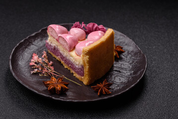 Sweet cheesecake with berry flavor, decorated with pink hearts
