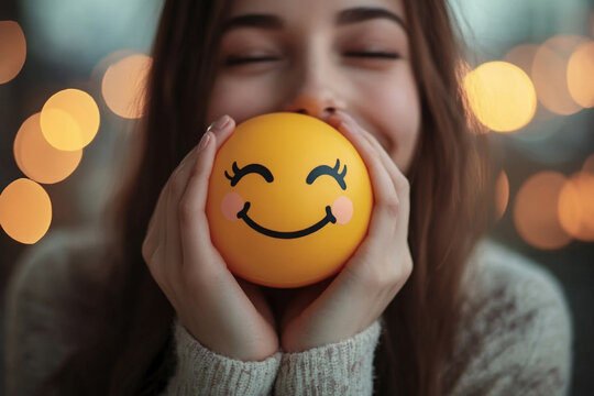 A smiling woman holds a happy face in her hand, symbolizing positive thinking and mental health awareness. This concept promotes the importance of mental health and World Mental Health Day.
