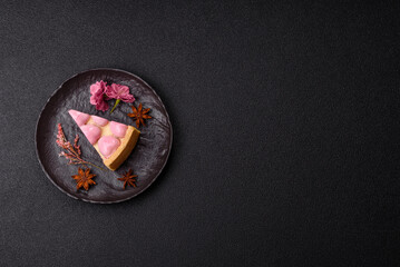 Sweet cheesecake with berry flavor, decorated with pink hearts