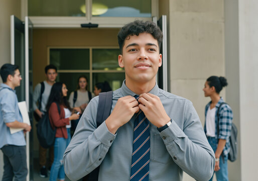 Portrait of a smiling male university student adjusting his tie, ready for a successful day at school