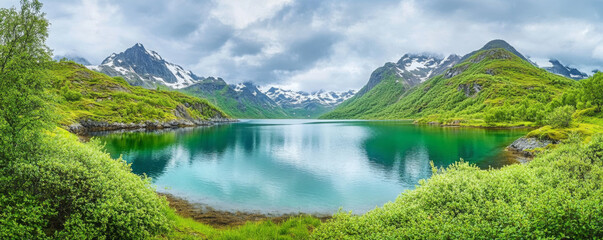 Norway, Nordland, Nusfjord, Scenic view of Hadselfjord on Austvagoya island 
