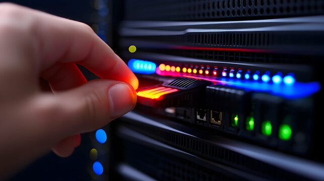 Hand Connecting Cable to Illuminated Server Rack - Powered by Adobe