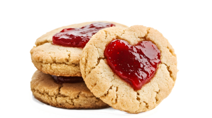 A stack of cookies with a heart in the middle. The heart is made of jam. The cookies are stacked on top of each other