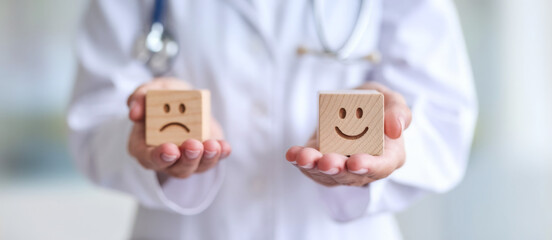 Doctor show Happy smile face block, Mental health Assessment, Psychology, Health Wellness, Positive Feedback, Customer Review, Good Experience, Satisfaction Survey, World Mental Health day concept 