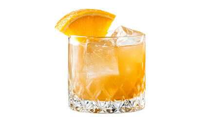 A glass of orange juice with ice cubes and an orange slice on top. The glass is half full and the orange slice is visible on top