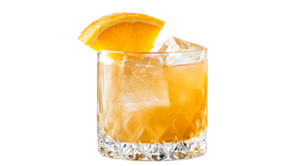 A glass of orange juice with ice cubes and an orange slice on top. The glass is half full and the orange slice is visible on top