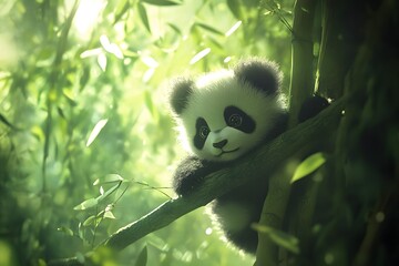 Obraz premium Young panda plays joyfully amidst lush green bamboo forest during a serene morning, basking in soft sunlight with a curious expression Generative AI