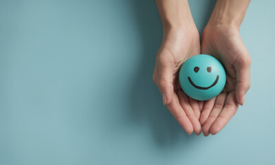 Hands holding blue happy smile face, good feedback rating, positive customer review, experience, satisfaction survey, smiley mental health, child wellness, world mental health day on blue background 