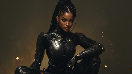 Una guerrera futurista de pie, con un traje metálico impresionante, emana fuerza y determinación en un fondo oscuro.
