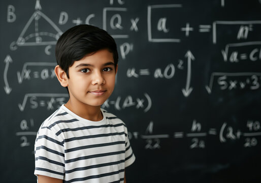 Portrait of a young student standing in a classroom with a blackboard full of math equations in the background