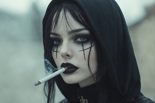 Una joven en un ambiente melanc&oacute;lico, con un toque g&oacute;tico, fuma mientras mira hacia la c&aacute;mara con una expresi&oacute;n intensa.