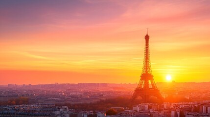 Fototapeta premium Tower at sunset, iconic structure silhouetted against vibrant orange and purple sky, serene atmosphere ideal for inspiration.