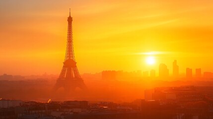 Fototapeta premium Iconic tower at sunrise, silhouette against vibrant orange sky, panoramic view capturing the beauty of dawn, tranquil experience.