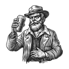 Detailed Vintage Engraving of Man Holding Beer Glass with Hat