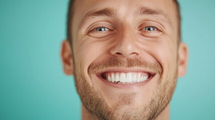 Fototapeta premium Cheerful young man smiling, light blue background, vibrant expression showcasing happiness and positivity, ideal for motivational themes.