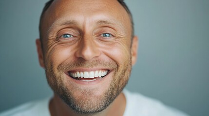 Smiling man with short hair, cheerful expression radiating positivity, ideal for wellness theme or motivational content.