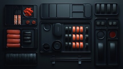 Fototapeta premium Modern sushi delivery containers. Organized, fresh, and stylish