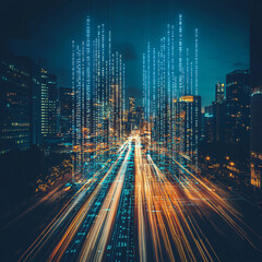 a futuristic cityscape at night with glowing lines and digital data lights over buildings on a png file with transparent background
