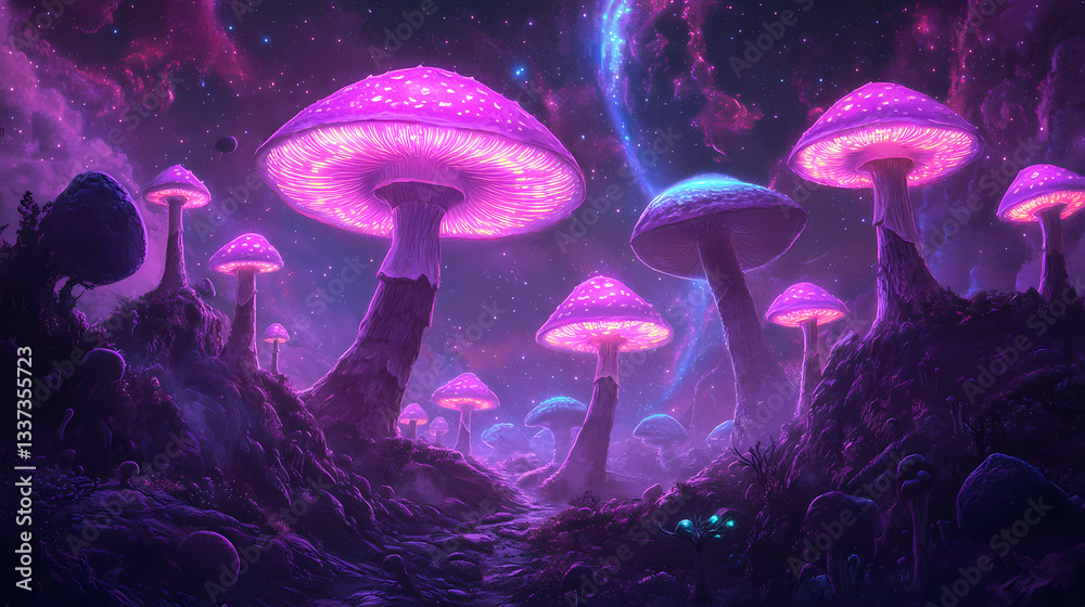 Wall mural representation of fungi evolving to survive in a gamma ray rich outer space environment glowing levi