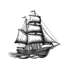 Detailed Black and White Engraving of Classic Sailboat on Waves