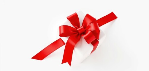 A vibrant red gift bow, perfectly tied, rests on a pristine white background, gift wrap, red bow