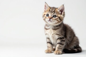 Obraz premium Charming British Shorthair kitten sits on white, gazing at camera, animal photography, kitty, portrait