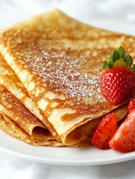 Deliciosas crepas doradas con fresas frescas y un toque de az&uacute;car en polvo, perfectas para un desayuno indulgente.