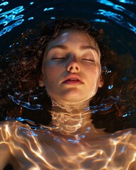 Young woman floating in water with golden reflections