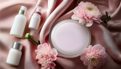 Obraz na płótnie Canvas pink flower on pink with cosmetic tools