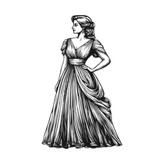 Fototapeta premium Elegant Engraving of a Woman in a Classic Dress with Flowing Design