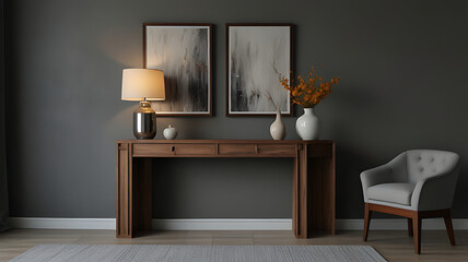 Chic Living Room Corner with Wooden Console Table and Stylish Decor
