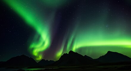 Aurora Borealis Dancing Above Mountain Range Under Starry Night Sky