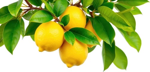 Luscious yellow lemons on a branch with vibrant green leaves, isolated on white,  recipe, zesty