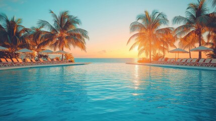Fototapeta premium Serene sunset poolside paradise. Tranquil tropical resort with an infinity pool. Palm trees, beach chairs, and umbrellas flank the pool's edge