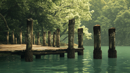 Charming rustic pier featuring weathered wooden posts jutting boldly into tranquil water under clear skies