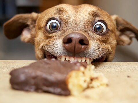 Un perro emocionado intenta alcanzar un dulce, mostrando su curiosidad y hambre de una manera divertida.