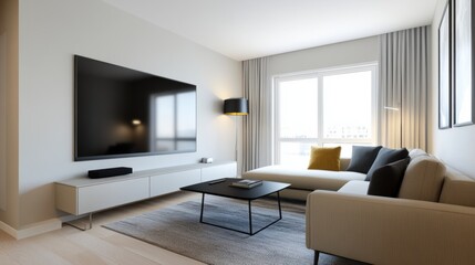 scandinavian interior design, contemporary swedish living room with neutral palette, sleek furniture, and subtle decor for a harmonious vibe