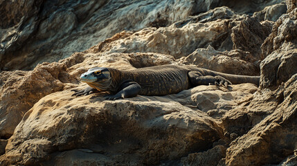 Iconic Komodo dragon basking in sunlight atop rugged rock, symbolizing nature’s ancient power and resilience