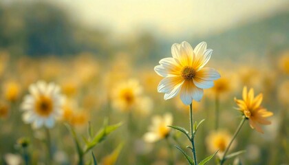 Serene Sunlit Field with Yellow and White Flowers