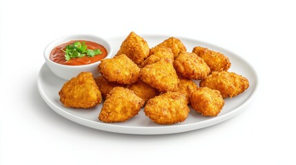 Delicious crispy pakora snacks arranged on a white plate. Spicy Indian fritters. Tasty food dish served as starter or a light snack. Isolated on a white background. Vegetarian Indian cuisine